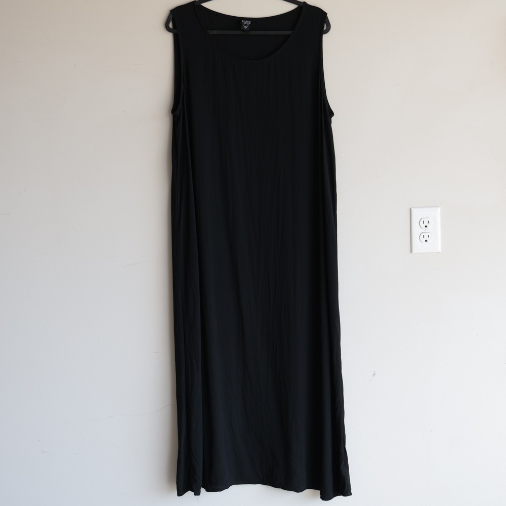 Eileen Fisher Woman Black 100% Silk Sleeveless Maxi Dress 1X Scoop Neck